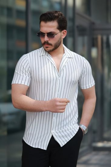 Erkek Kısa Kollu Gri çizgi Desenli örme Kumaş Pamuklu Gömlek resmi